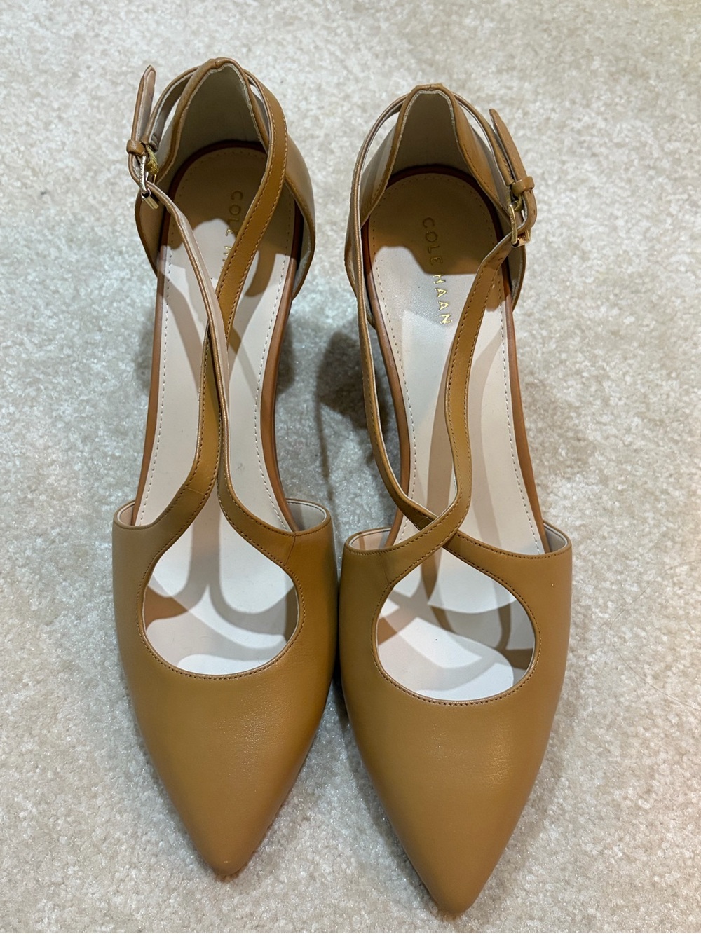 Cole Haan Tan Pointed-Toe Ankle Strap Heels